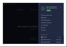 Avast! Premier - menu